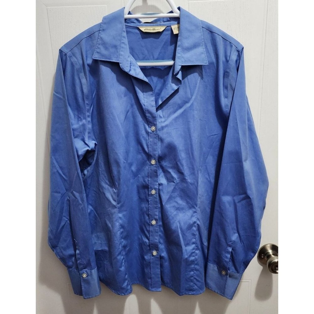 Eddie Bauer Womens Long Sleeve Button Up Wrinkle Resistant Shirt Blue Large Tall